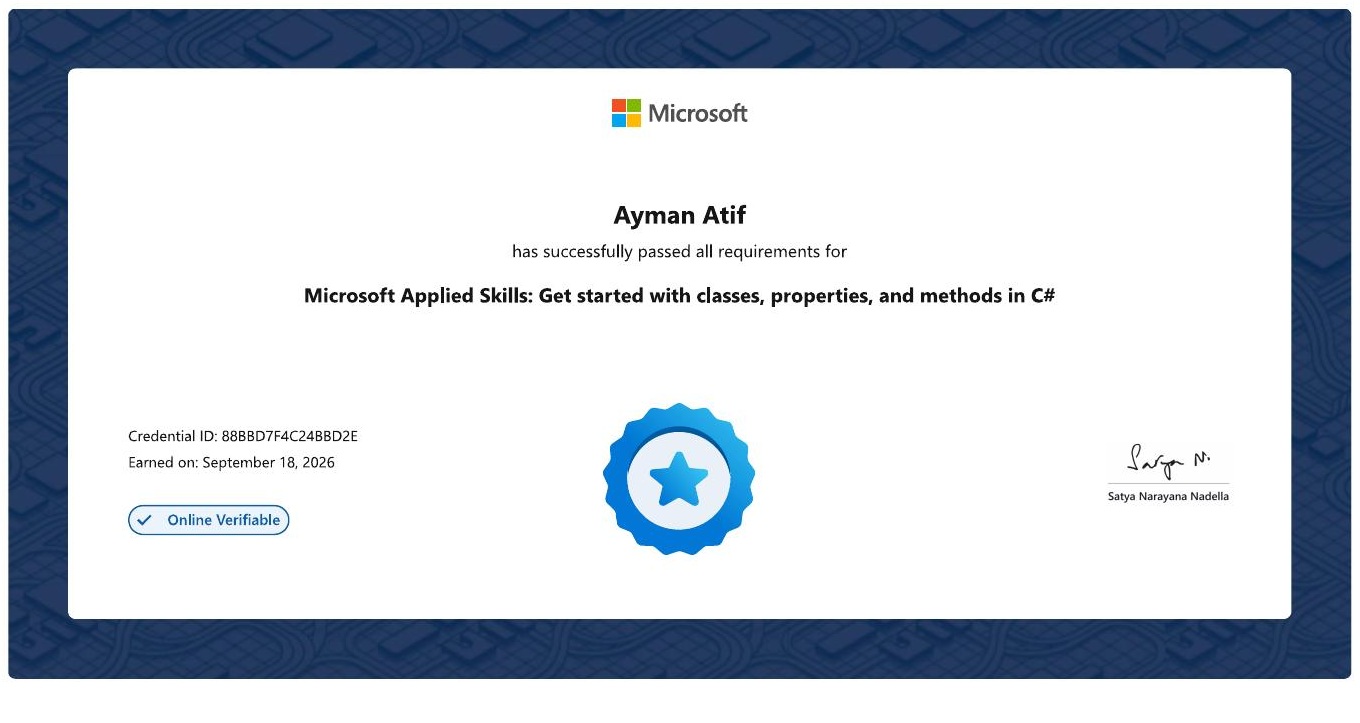 Microsoft Applied Skills credential earned by Ayman Atif
