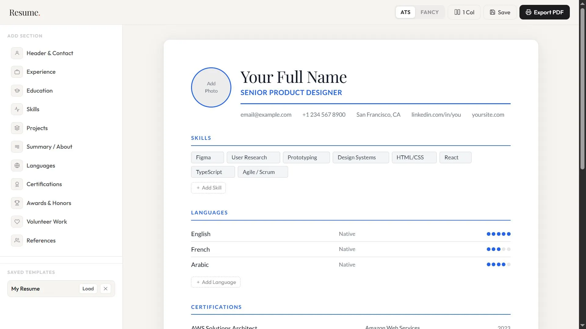ATS-friendly resume builder interface, single column layout