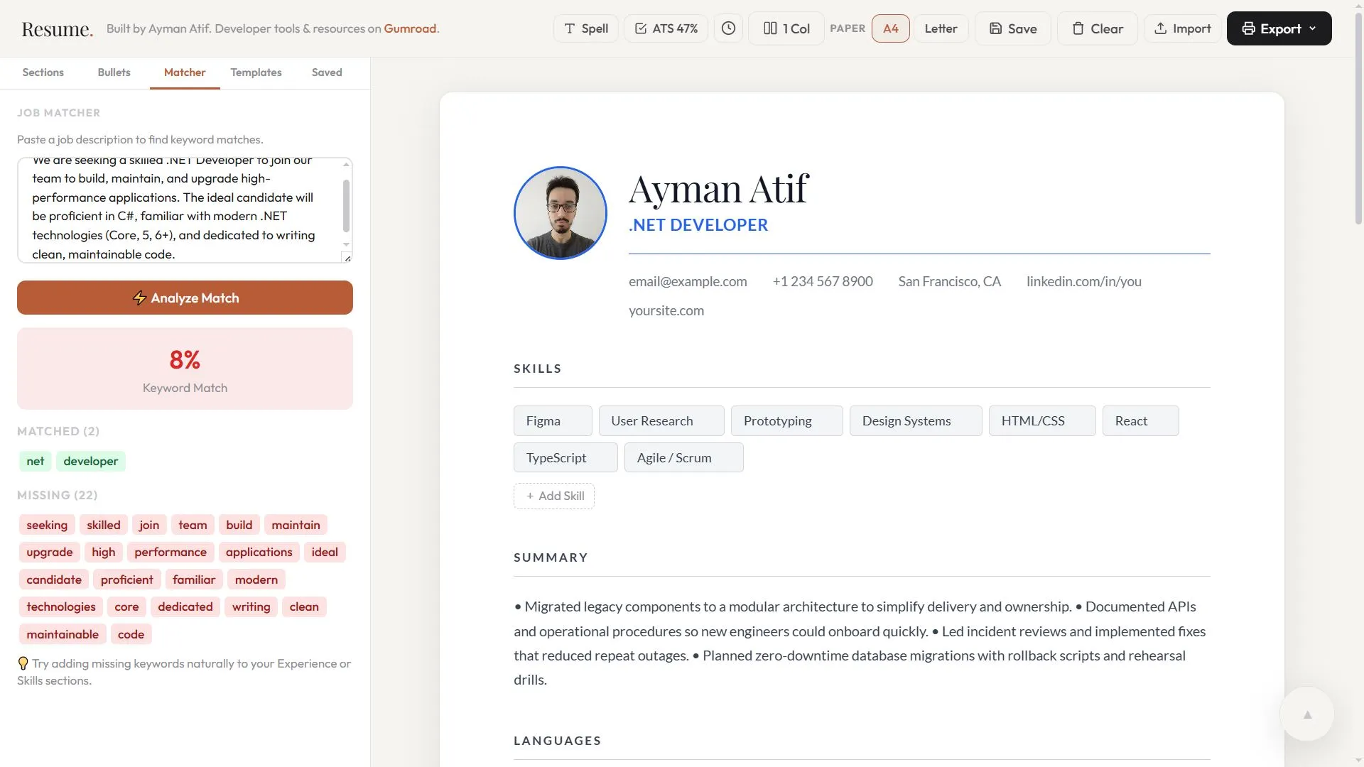 ResumeOS job description keyword matcher