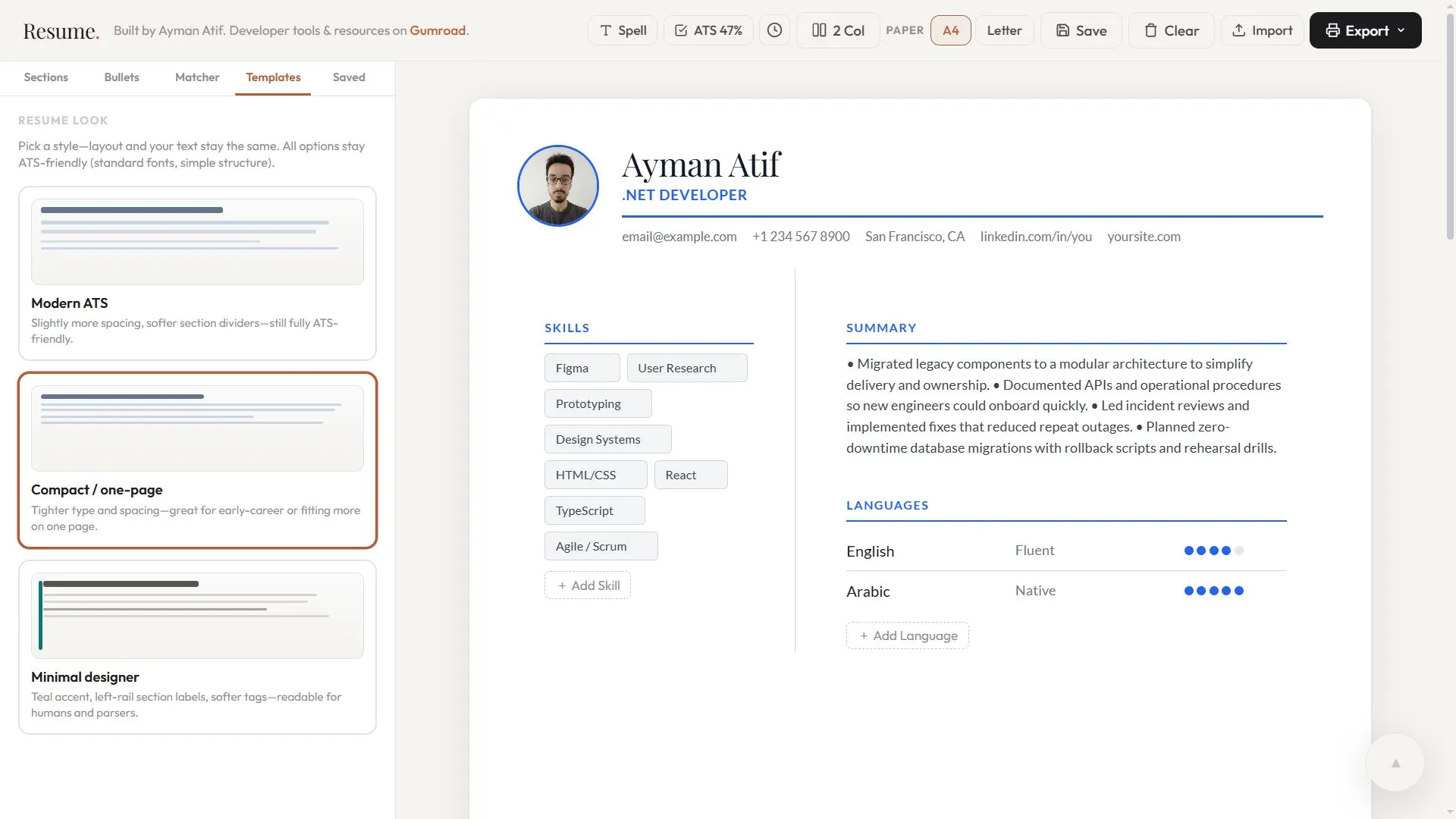ResumeOS named templates and versions