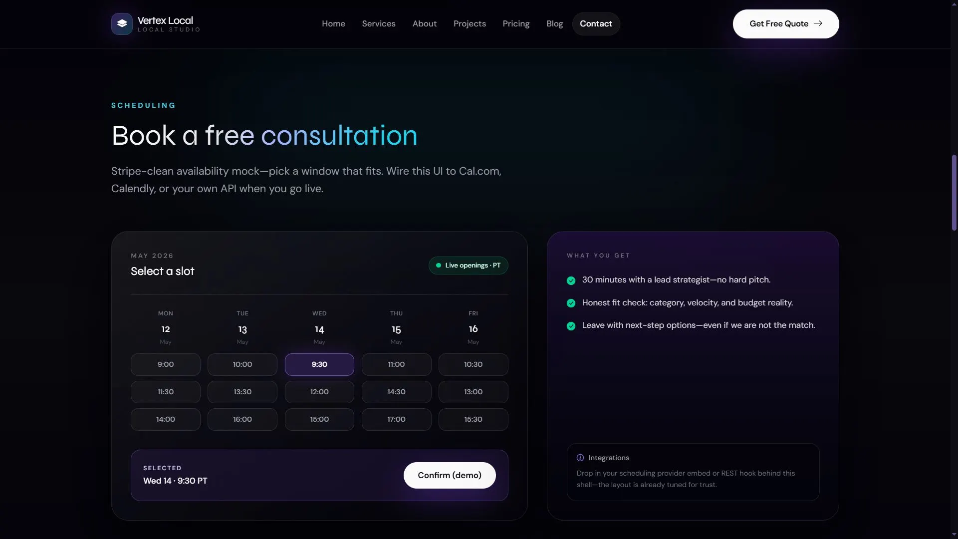 Vertex Local contact page with lead form
