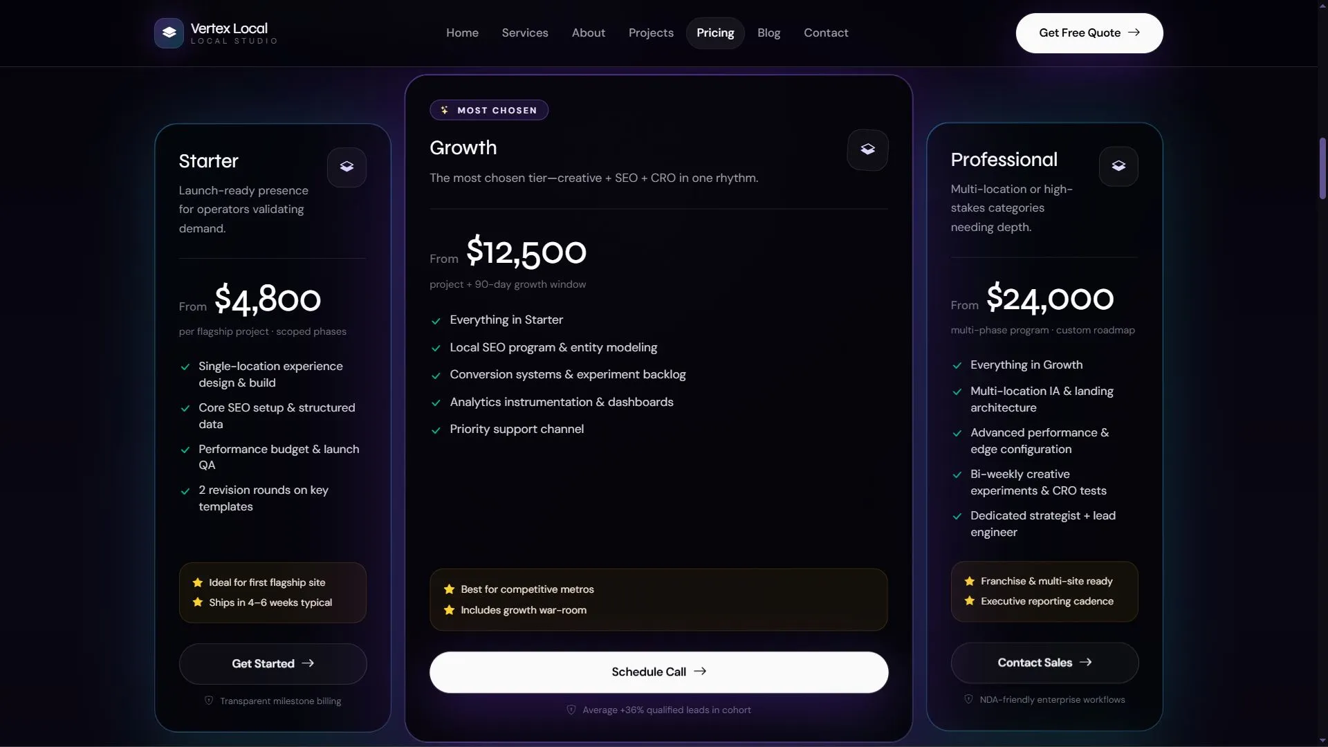 Vertex Local pricing page with conversion-focused table