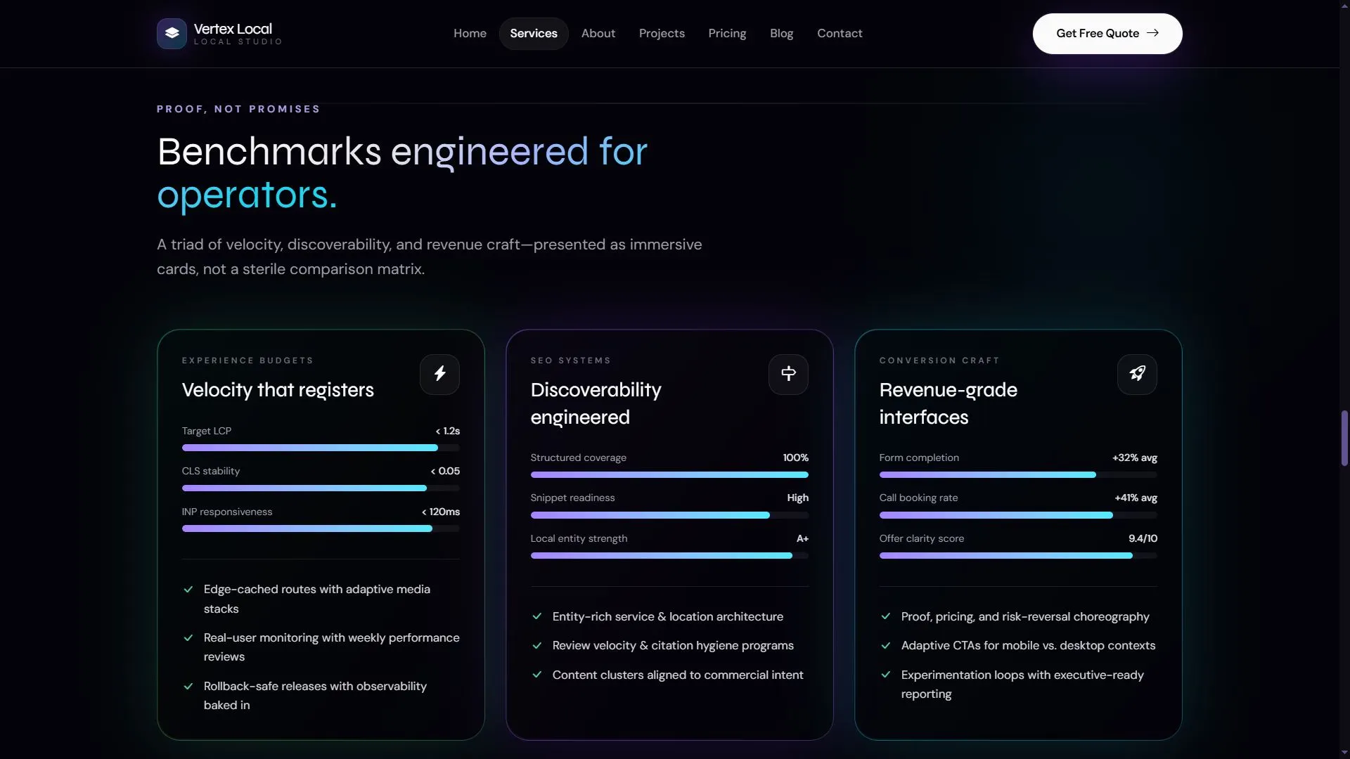 Vertex Local services page with case studies and offerings